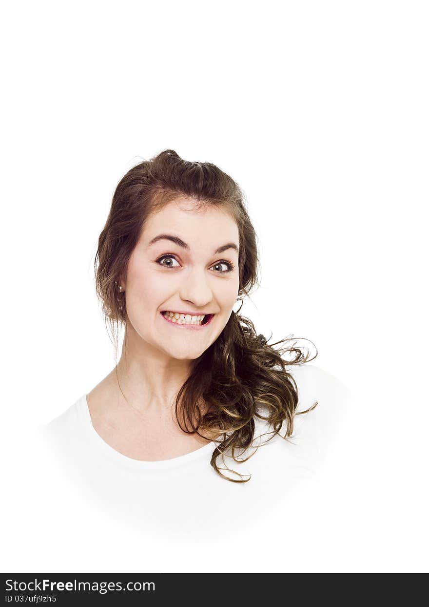 Young woman on white background