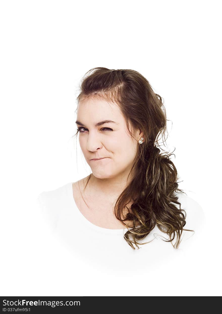 Young woman on white background