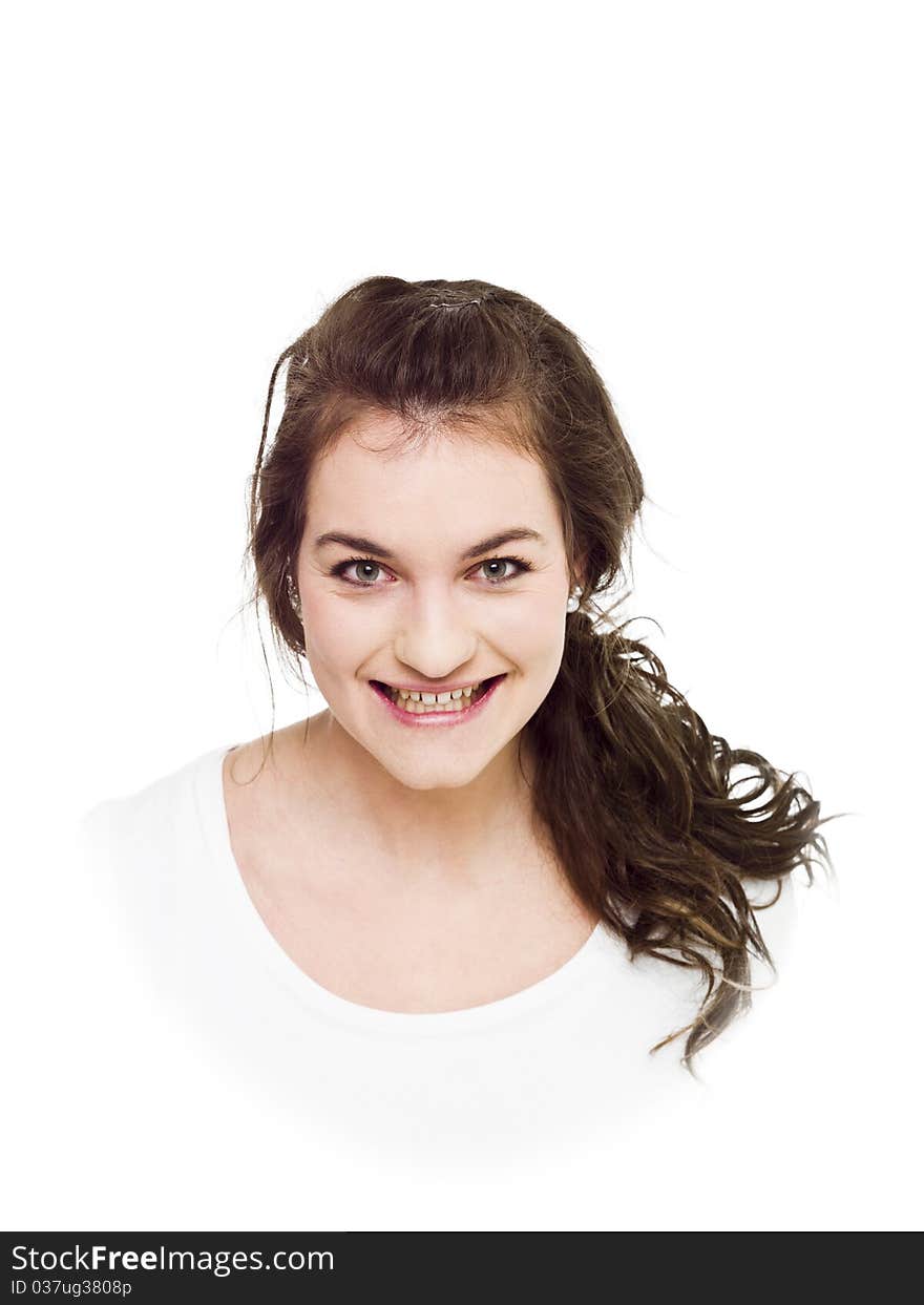 Young woman on white background