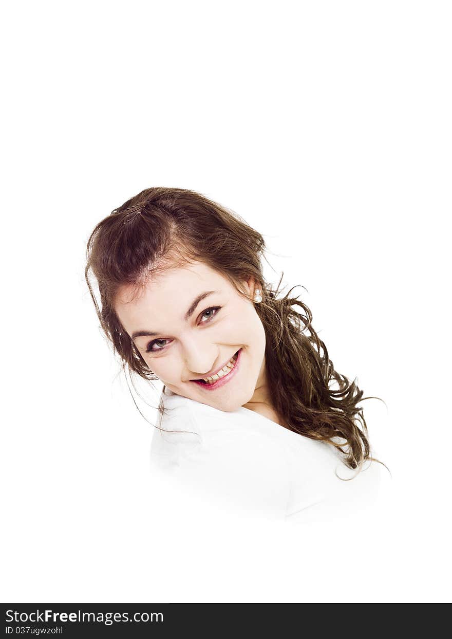 Young Happy woman on white background