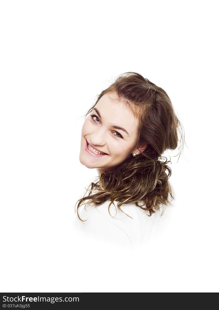 Young Happy woman on white background