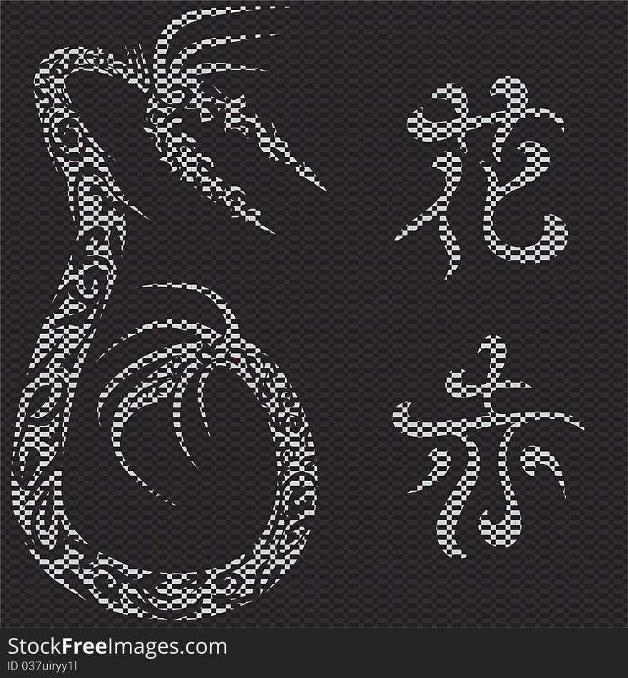 Textured black-white background with Chinese dragon and two hieroglyphs. Textured black-white background with Chinese dragon and two hieroglyphs.