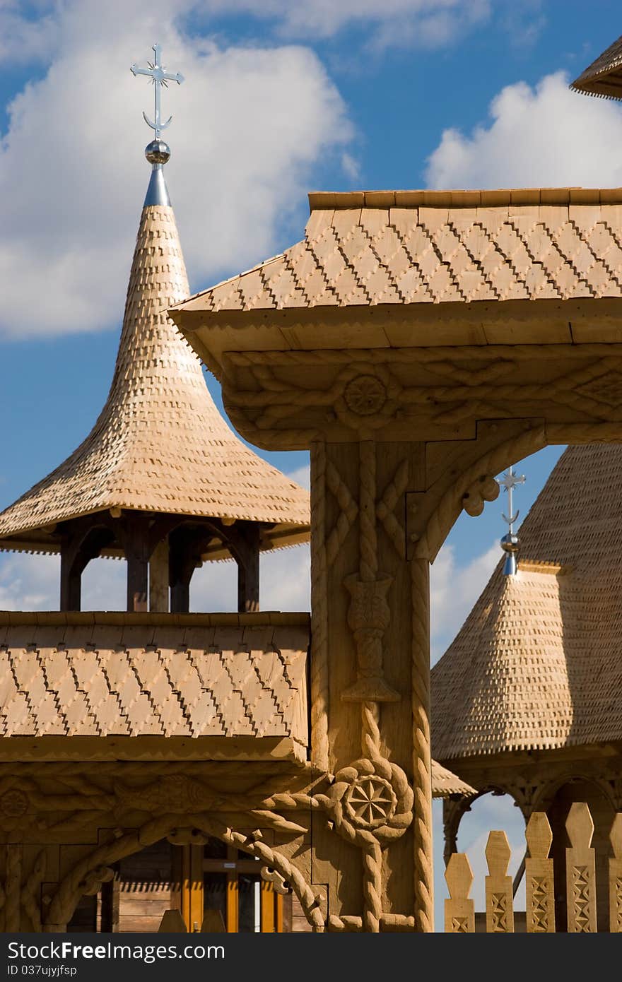 Wooden church roof and steeple