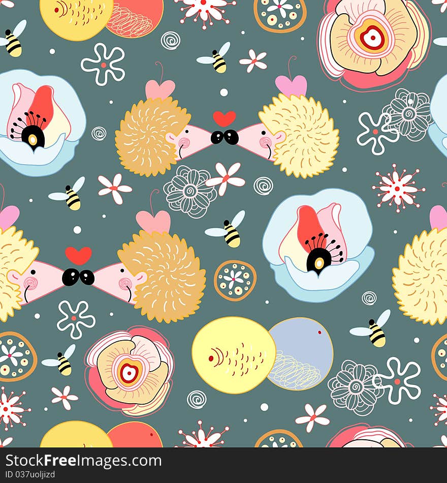 Seamless multi-colored floral pattern with a passionate hedgehogs on a dark background. Seamless multi-colored floral pattern with a passionate hedgehogs on a dark background