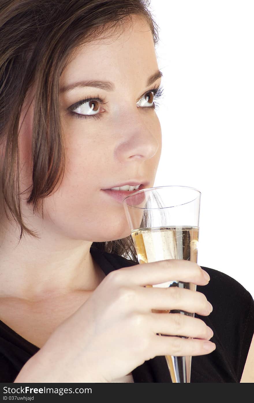 Woman with champagne isolated on white