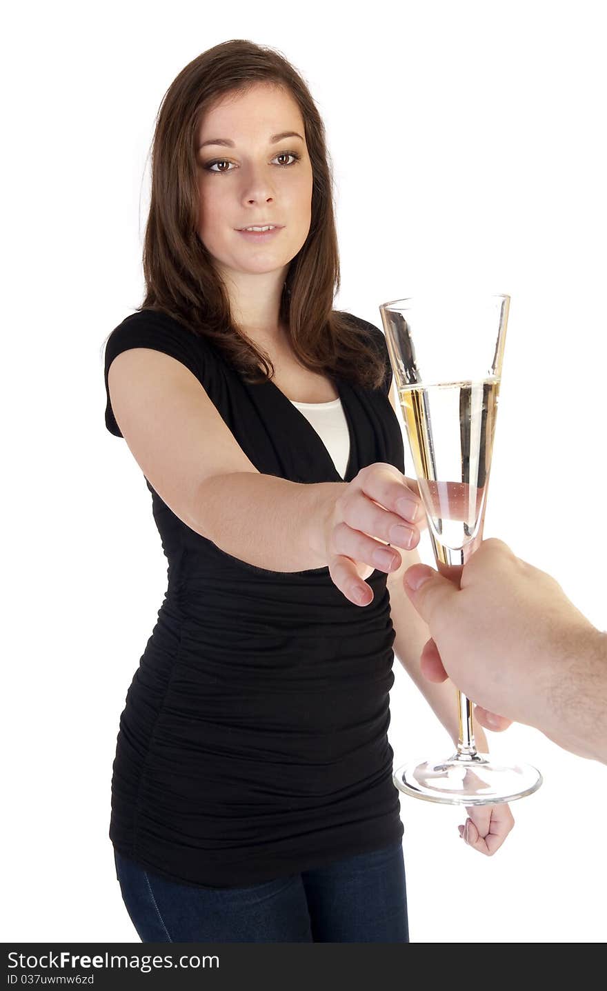 Woman with champagne isolated on white