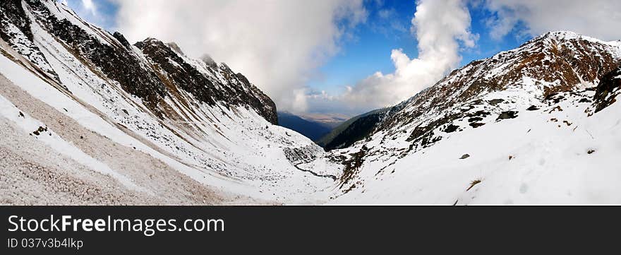 Canyon in the Alps mountains covered by snow. Panoramic photo. Canyon in the Alps mountains covered by snow. Panoramic photo