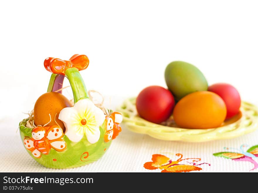 Eggs on a decorated easter plate. Eggs on a decorated easter plate