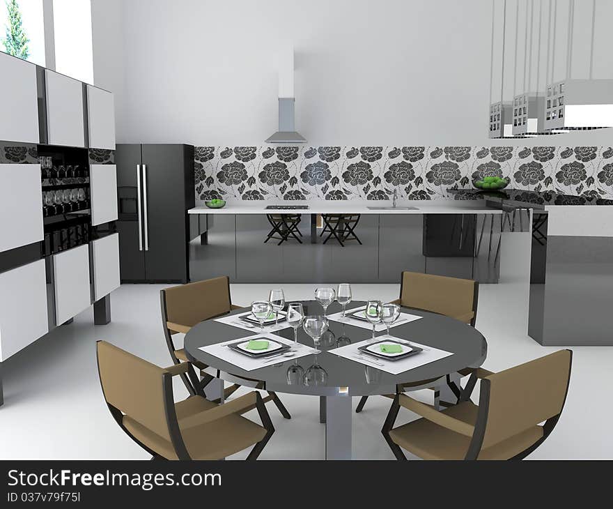 Interior of modern black and white kitchen, 3d render. Interior of modern black and white kitchen, 3d render