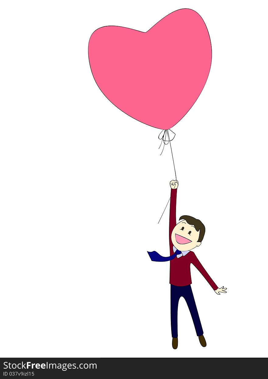 Man flying with a balloon in the shape of a heart. Man flying with a balloon in the shape of a heart