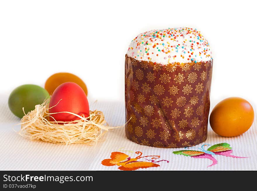 Colorful easter eggs with kulich