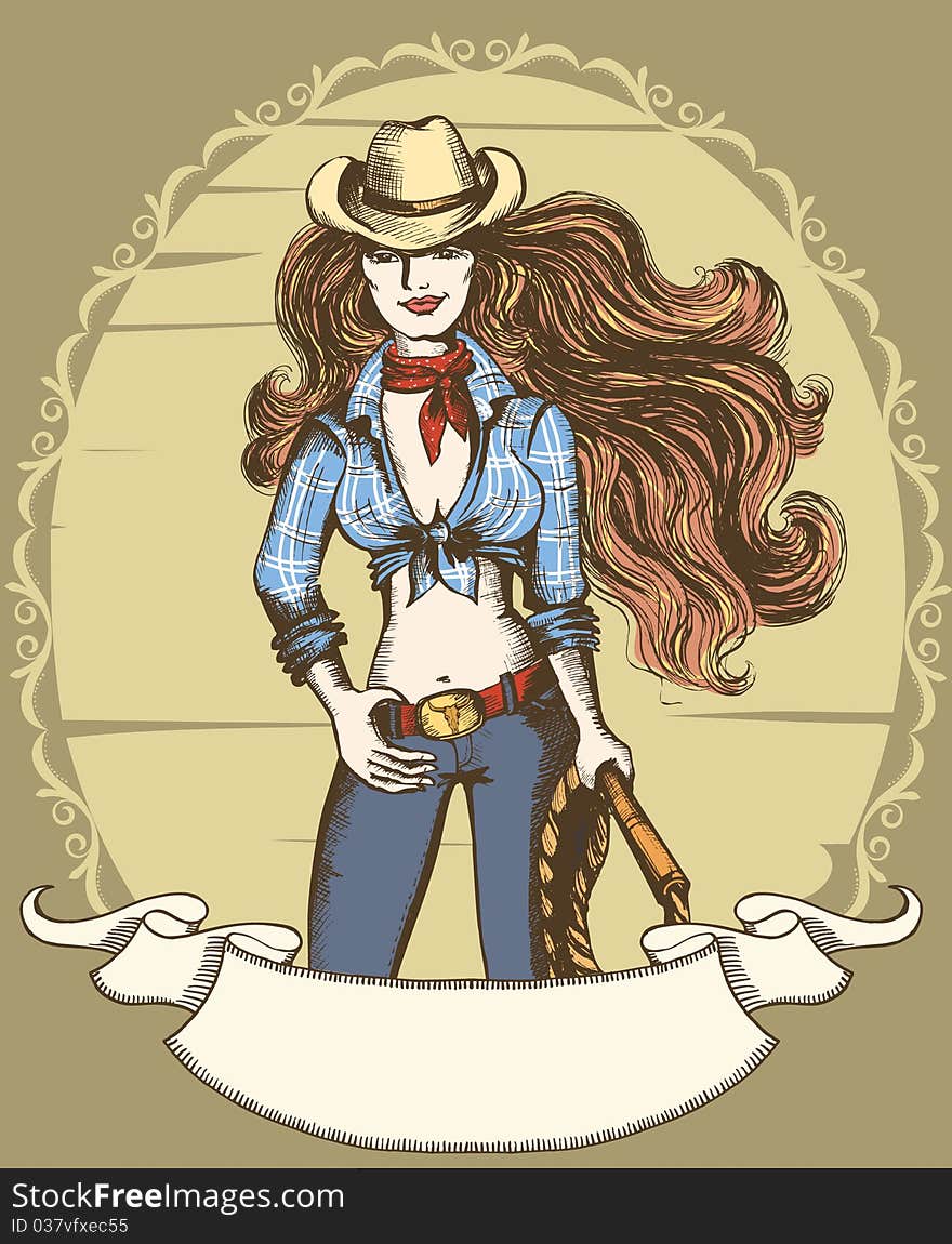 Vector sexy woman in cowboy hat and clothes. Vector sexy woman in cowboy hat and clothes