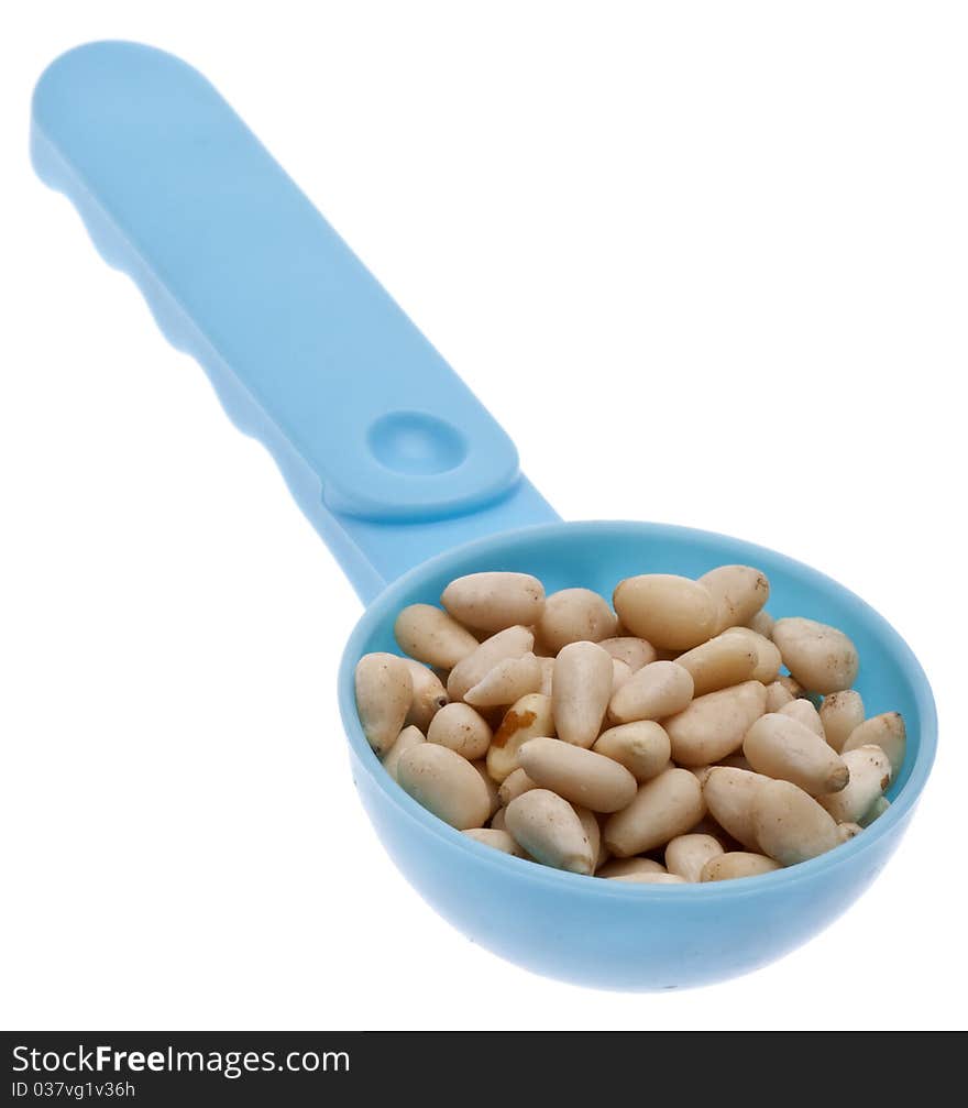 Pine Nut Seeds in a Blue Spoon