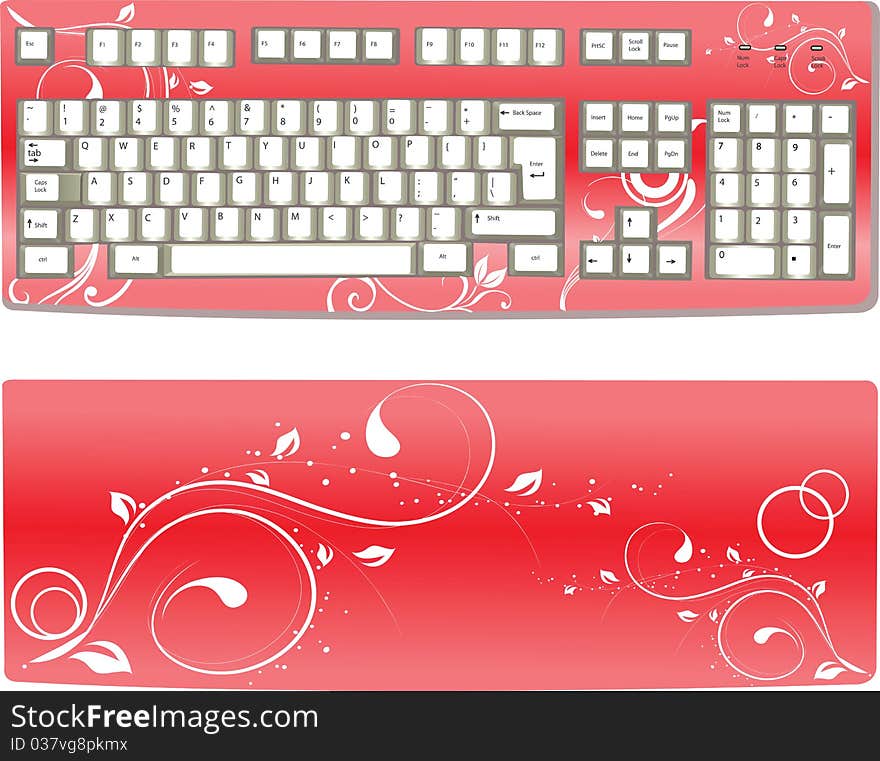 Red, floral, girlish keyboard illustration, front and back preview. Red, floral, girlish keyboard illustration, front and back preview