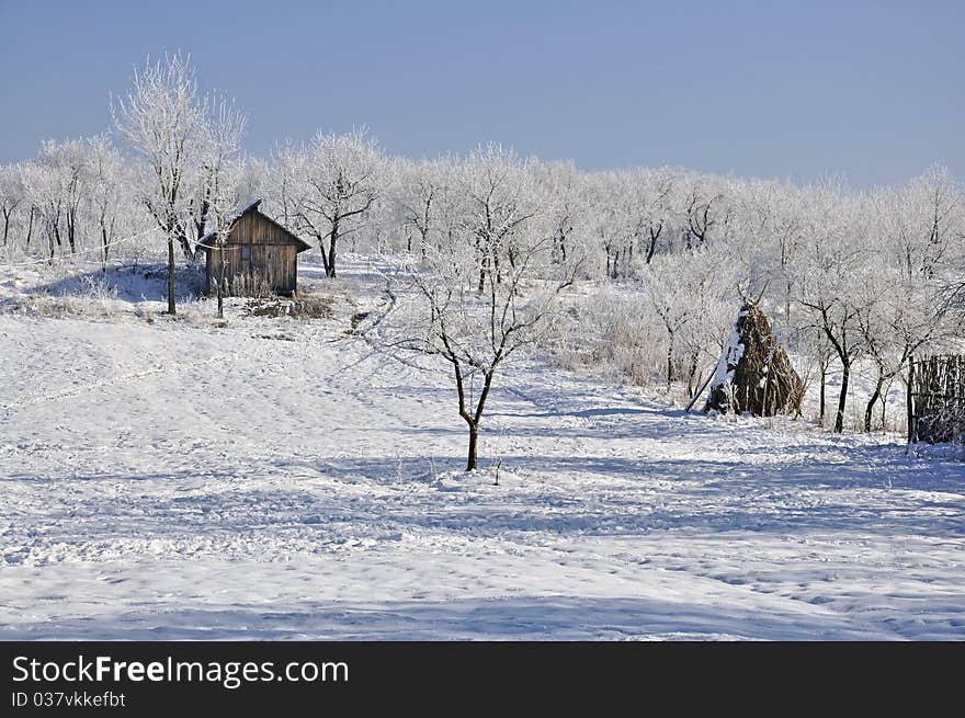 Isolated alpine shelter for tourists in winter near frost forest. Isolated alpine shelter for tourists in winter near frost forest