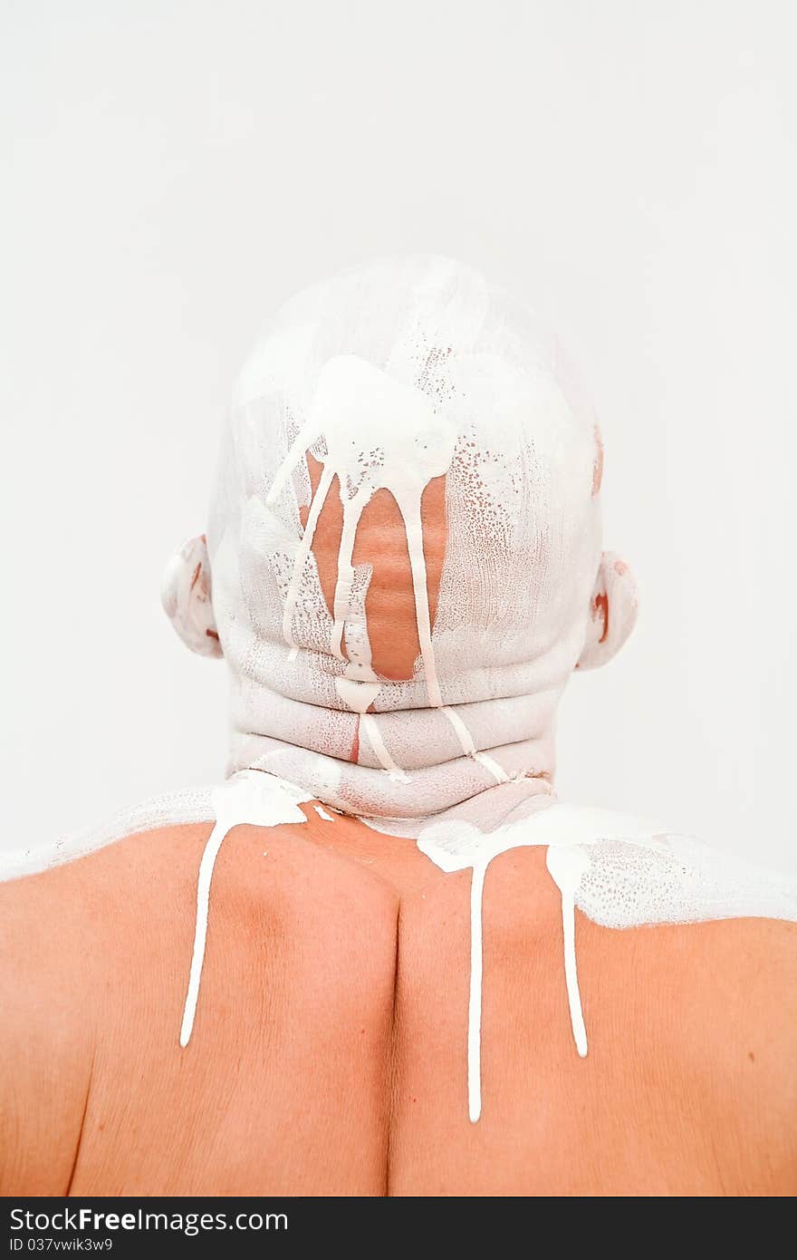 Bald nape of man in white paint. Bald nape of man in white paint