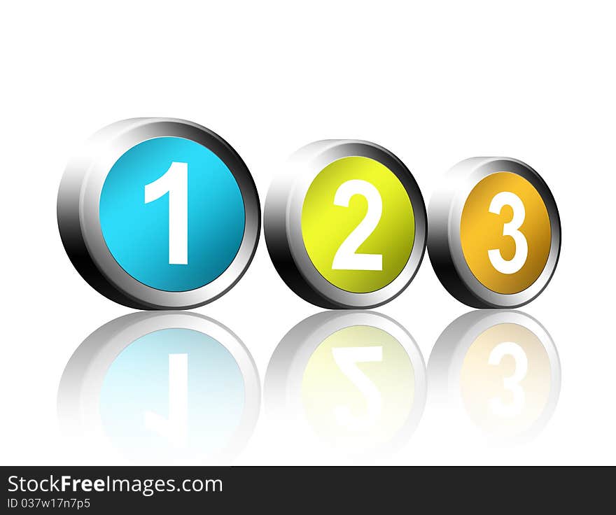 Colored buttons with the numbers one, two, three over white background