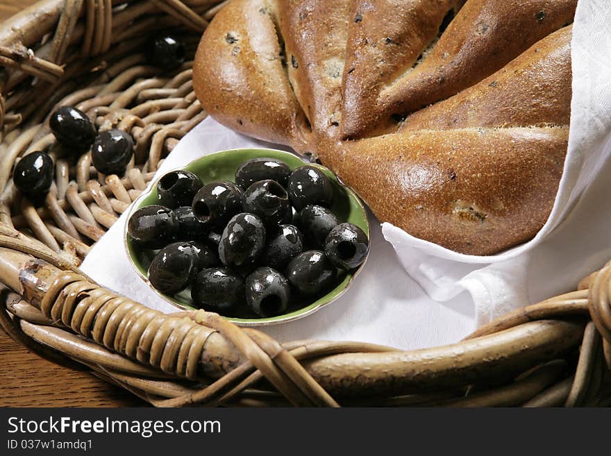 Chiabatta With Olives On Bakery Basket