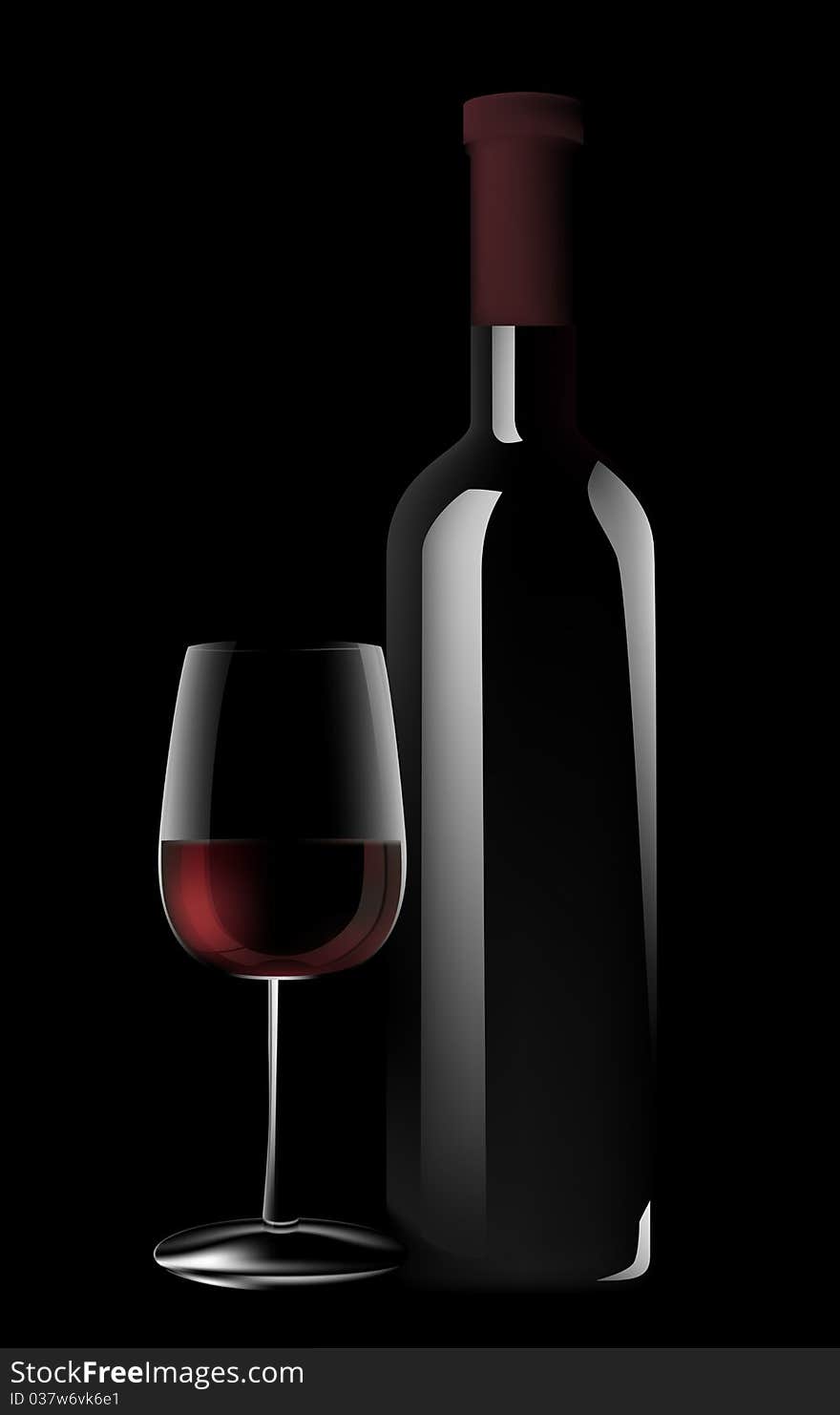 Glass and bottle of red wine on black background.