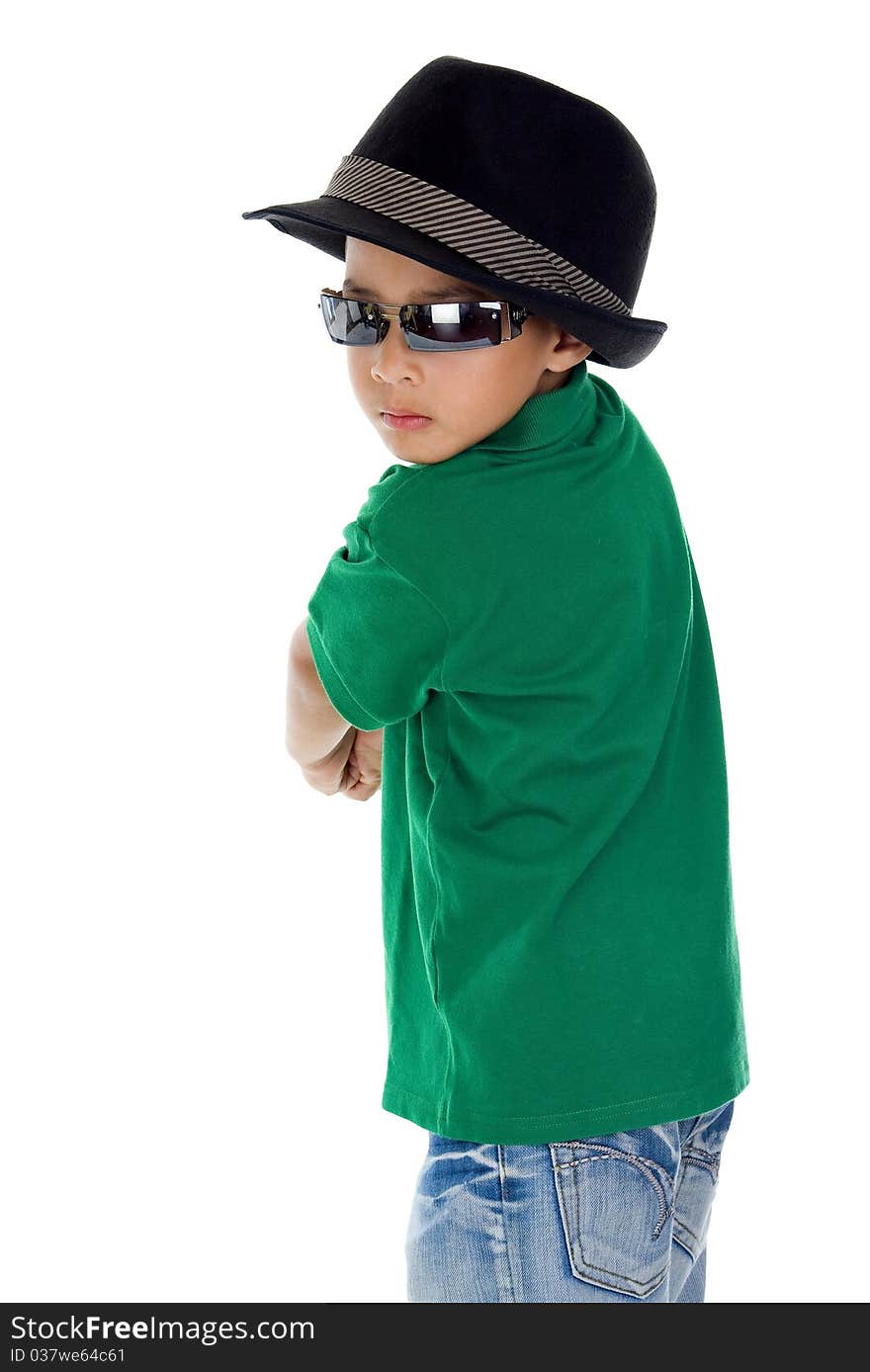 Cool little boy with sunglasses and hat, isolated on white background. Cool little boy with sunglasses and hat, isolated on white background