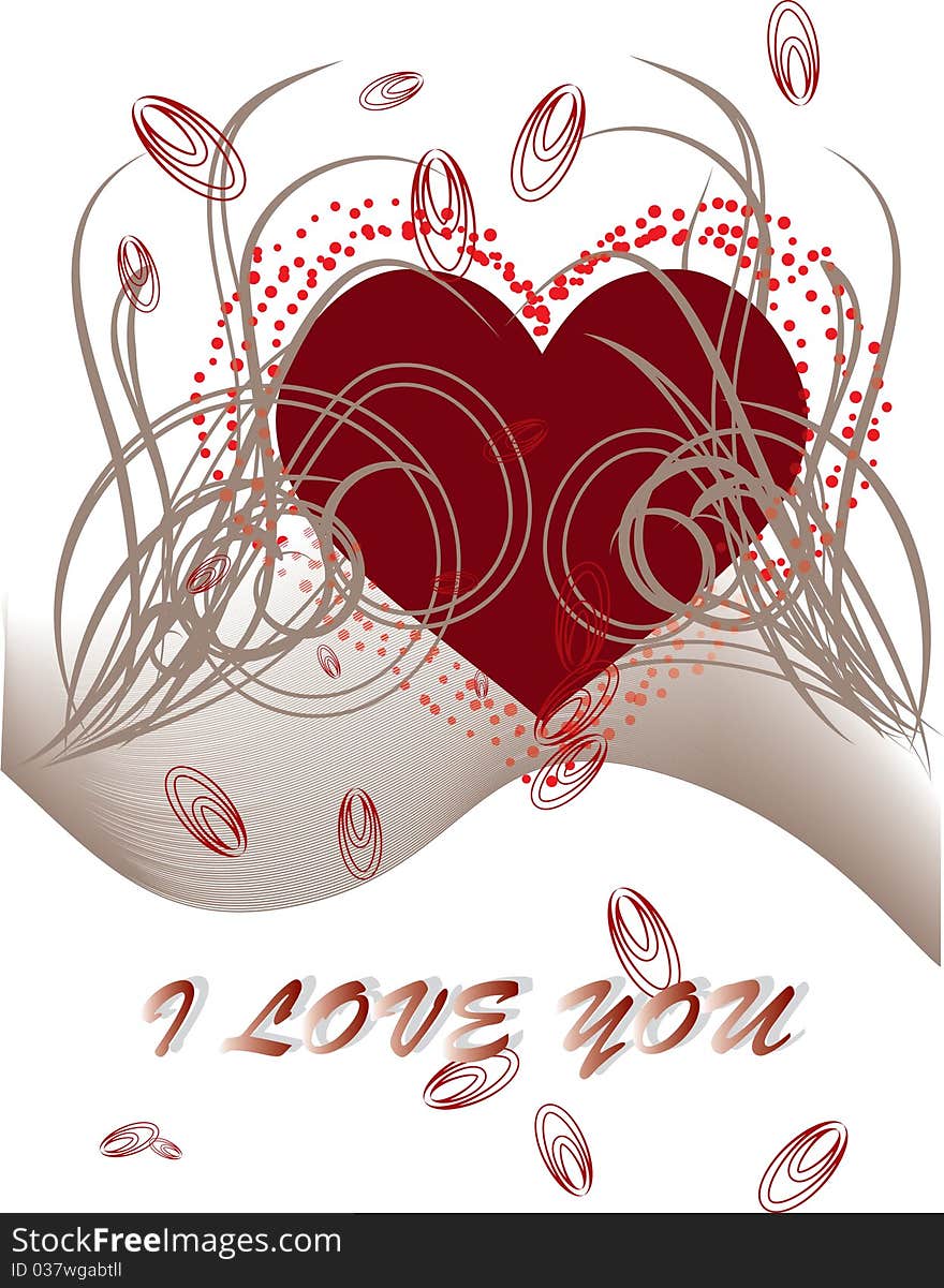 Beautiful greeting card by Day of St. Valentine, in the foreground the beautiful stylized the heart symbolizing love, a donative inscription are visible.