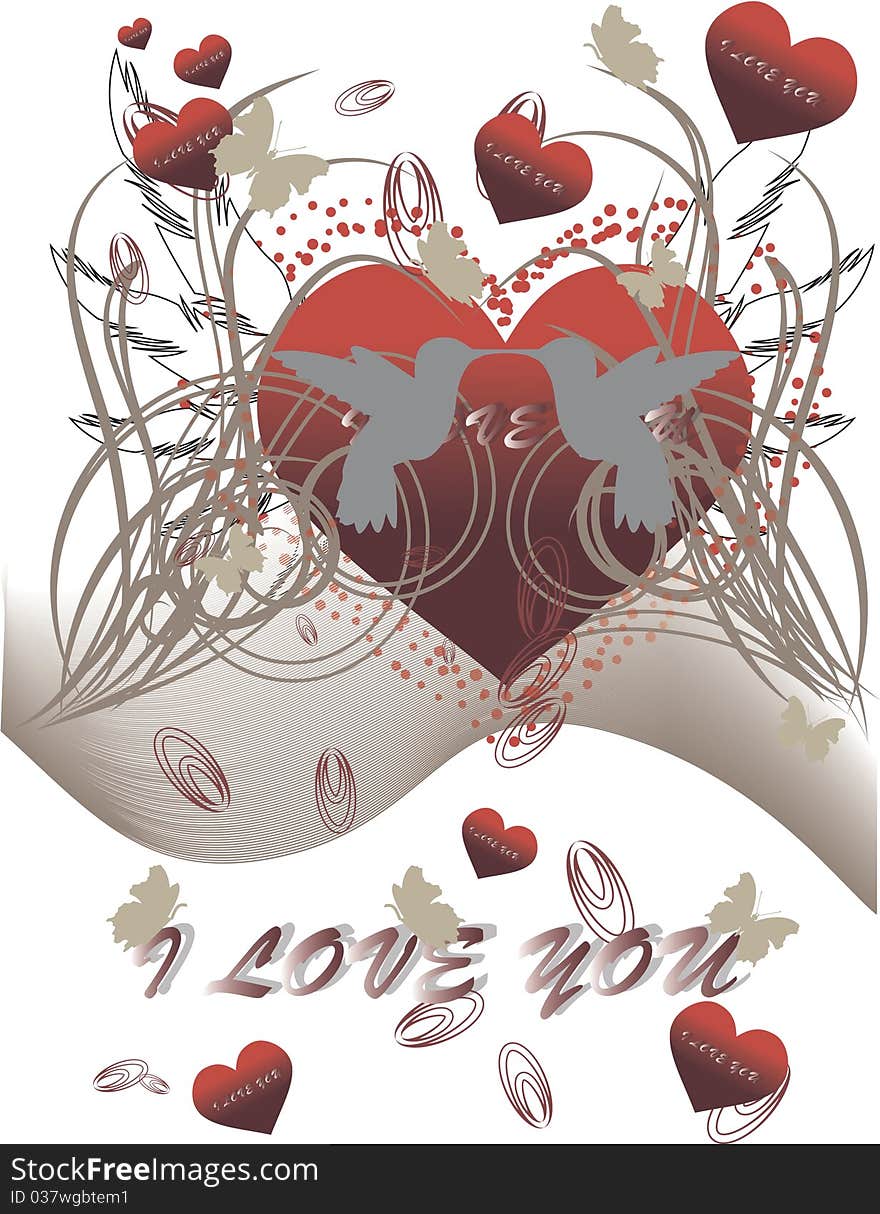 Beautiful greeting card by Day of St. Valentine, in the foreground are visible beautiful стлизованные birds - калибри, butterflies and the heart symbolizing love, a donative inscription.