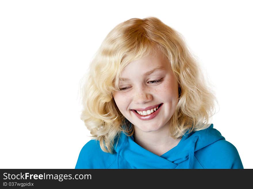 Young beautiful girl / child smiles happy into camera. Isolated on white background. Young beautiful girl / child smiles happy into camera. Isolated on white background.