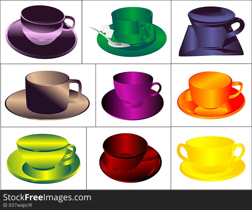 Set a cup of hot drink in color. Set a cup of hot drink in color