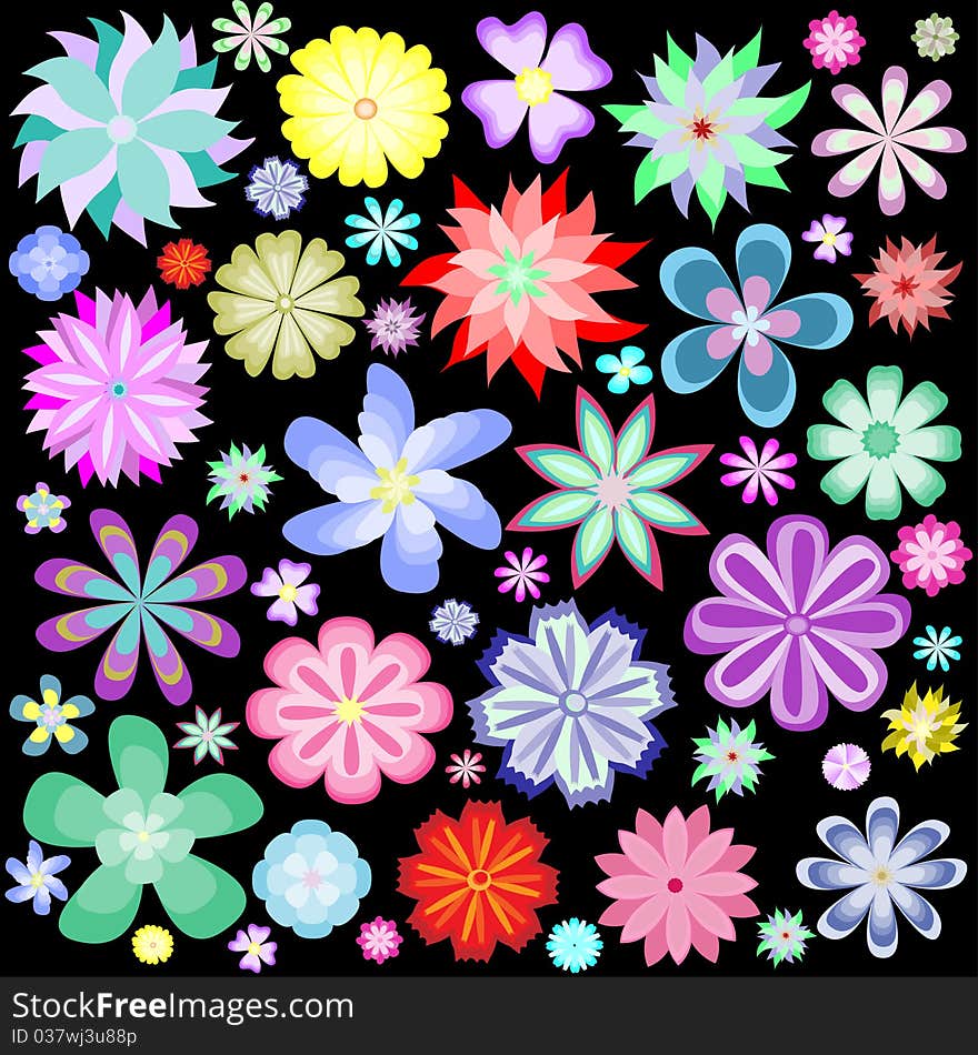 Pattern of colorful flowers on a black background