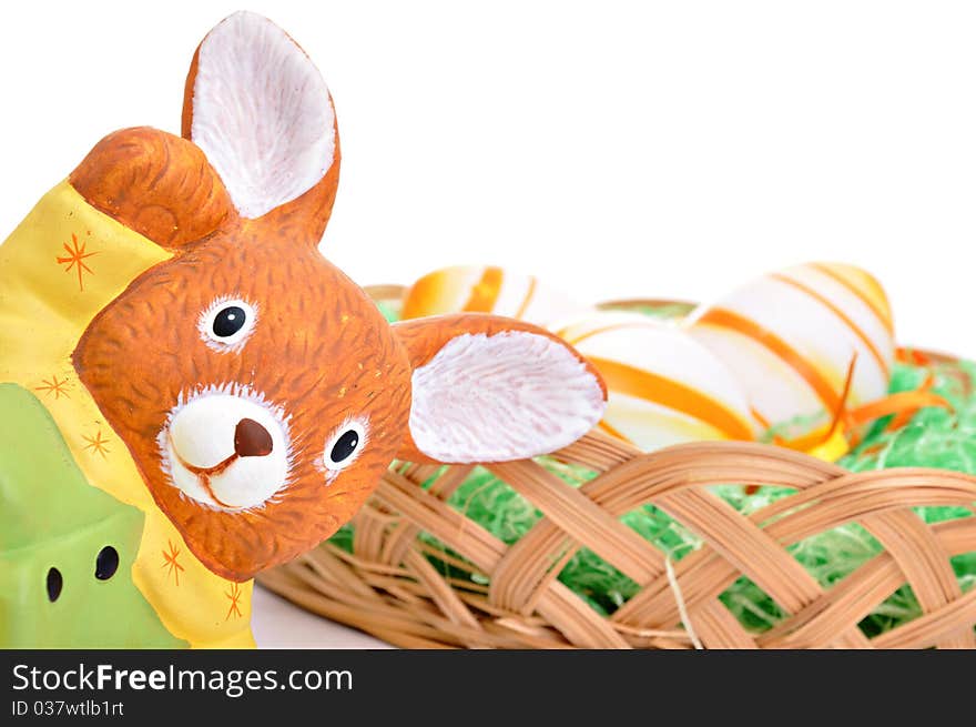 Colorful Easter Eggs basket and bunny set on white background