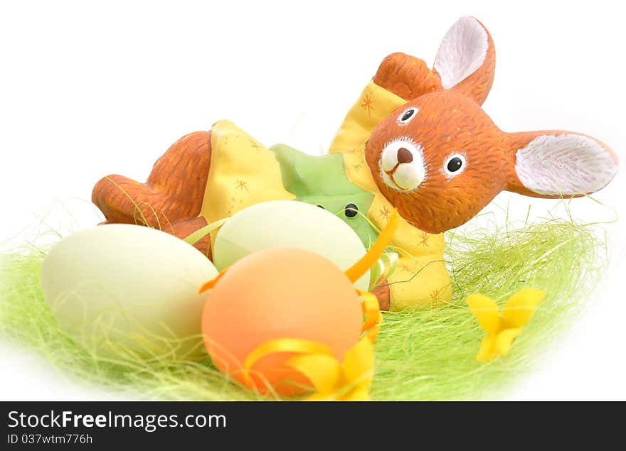 Colorful Easter Eggs basket and bunny set on white background