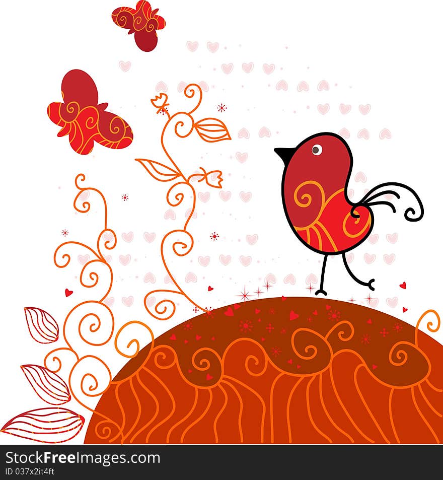 Red valentine bird with flowers, vector.