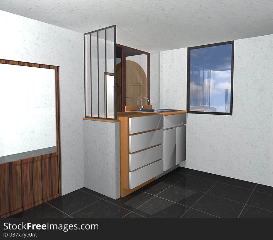 3D interior of a kitchen