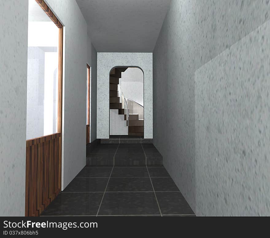 This image represents a 3D of a hallway from a house. This image represents a 3D of a hallway from a house
