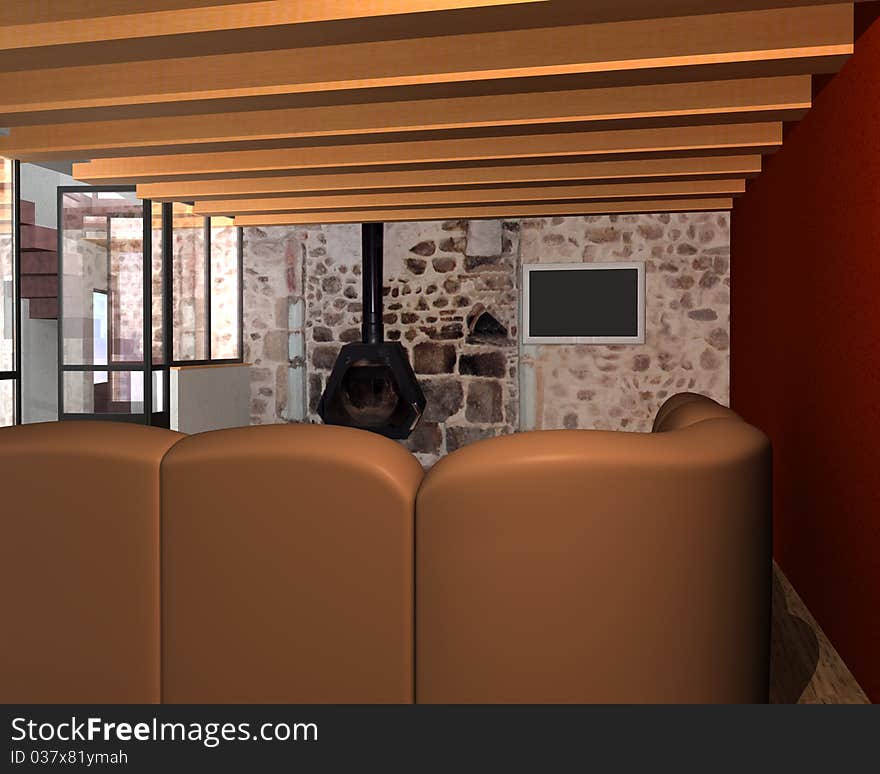 This image represents a 3D interior of a living room