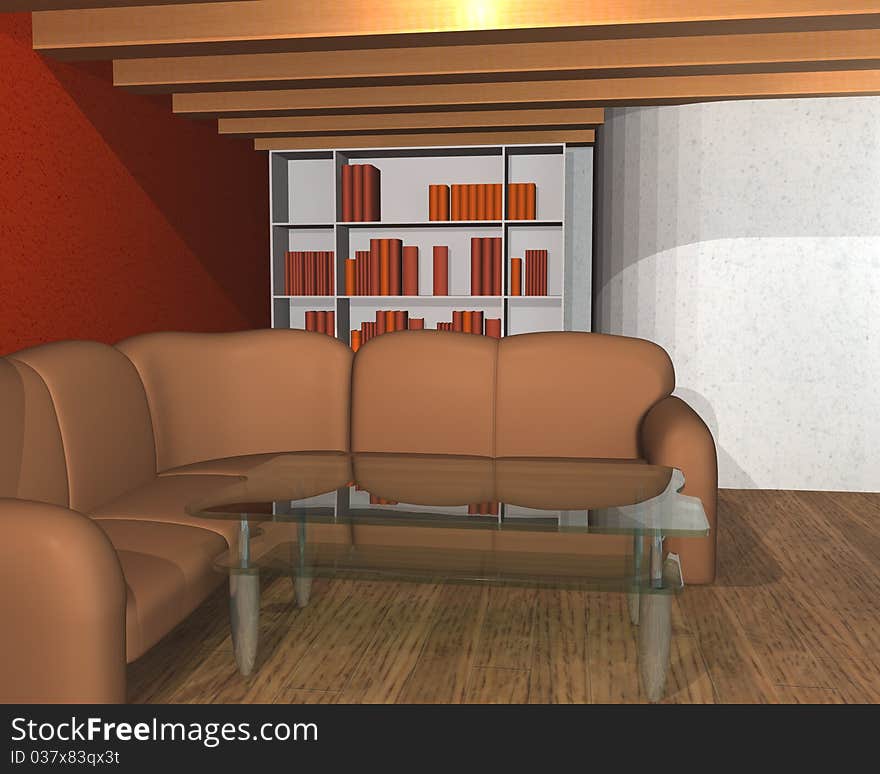 This image represents a 3D interior of a library room