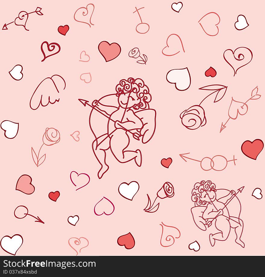 Seamless pattern with cupids, hearts and flowers. Seamless pattern with cupids, hearts and flowers