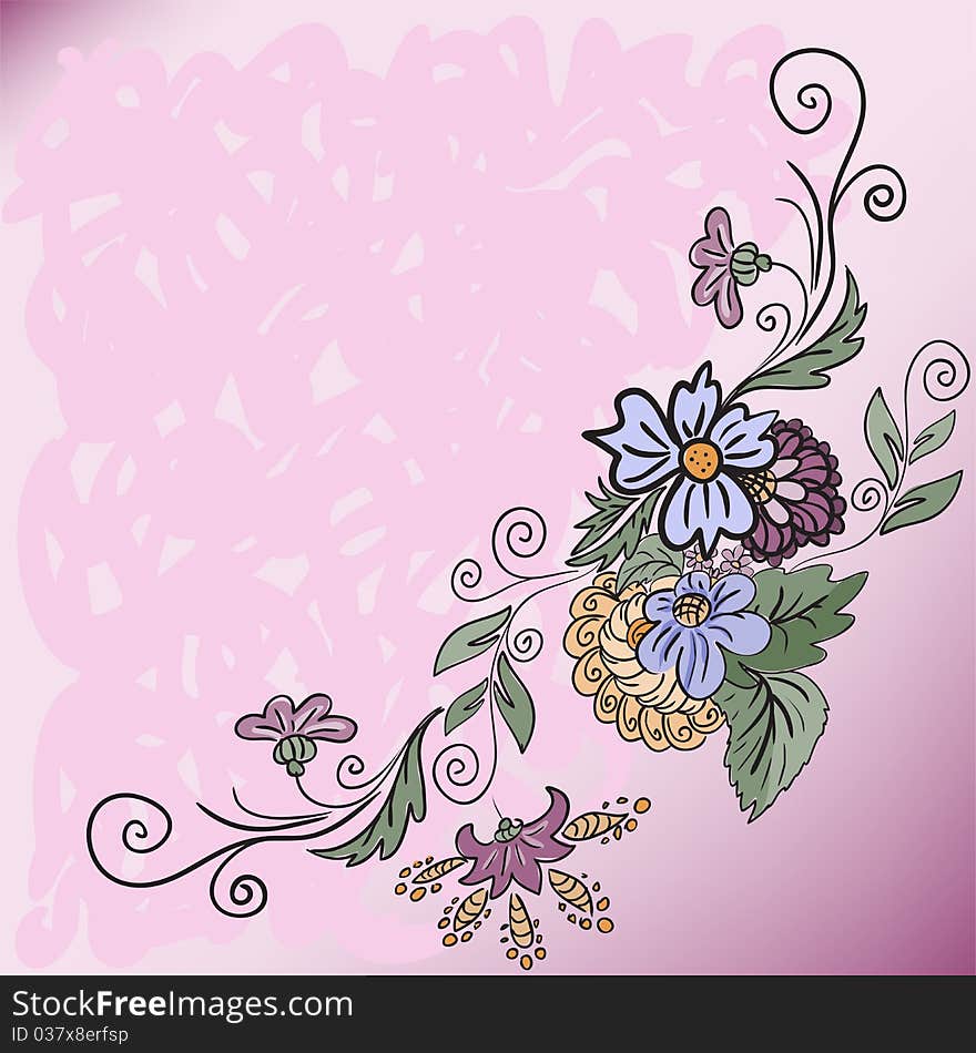 Abstract pink background with a hand-drawn flowers. Abstract pink background with a hand-drawn flowers