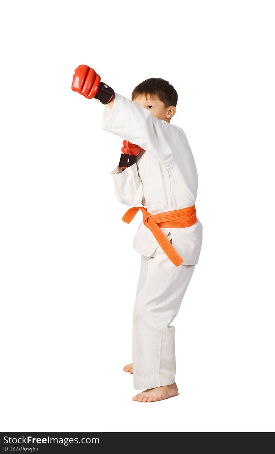 A young boy aikido fighter in white kimono showing Martial Art. A young boy aikido fighter in white kimono showing Martial Art