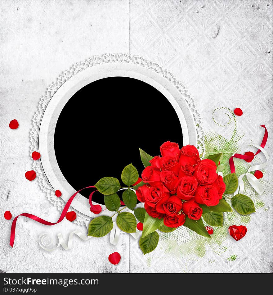 Beautiful white frame with red roses on the white background