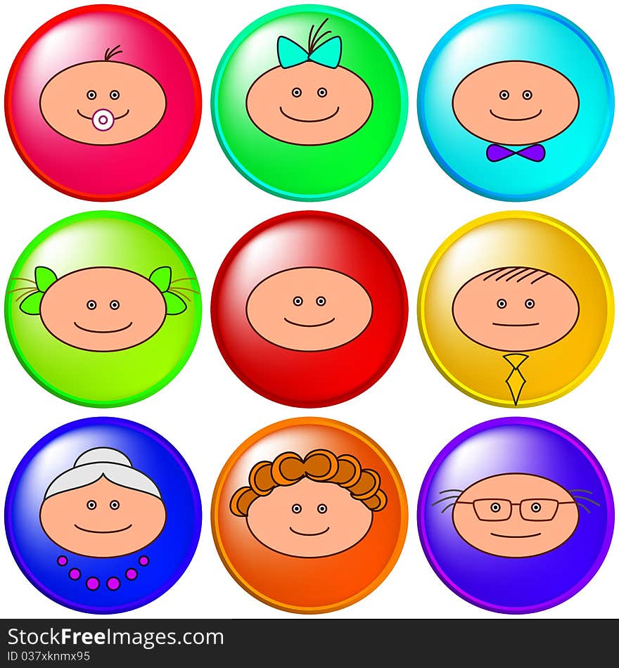 Set icons, buttons: people, family faces. Set icons, buttons: people, family faces