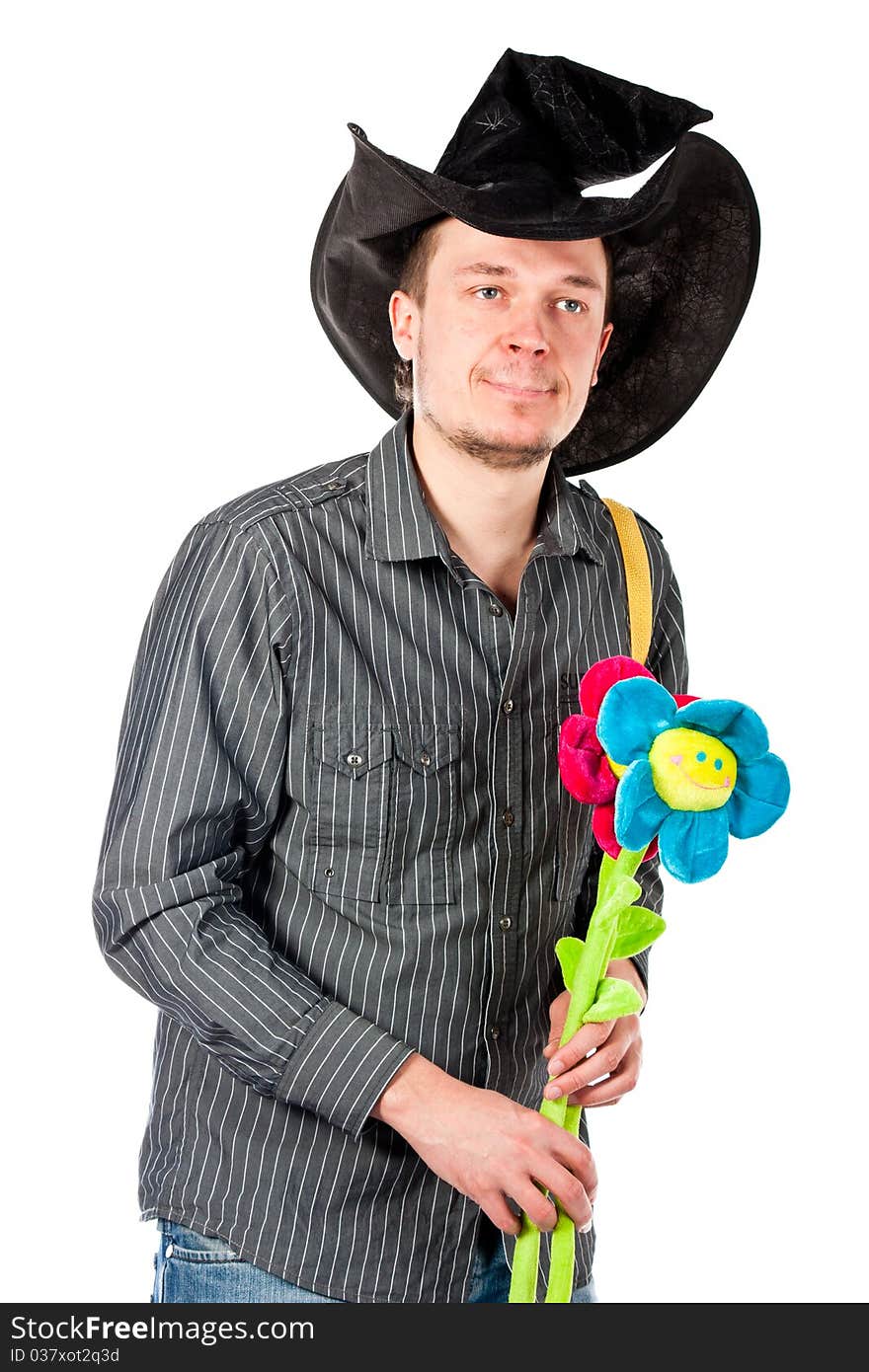 Portrait of a young man in cute hat with flowersl isolated on white