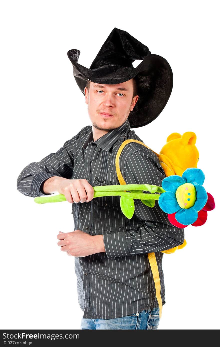 Portrait of a young man in cute hat with flowersl isolated on white