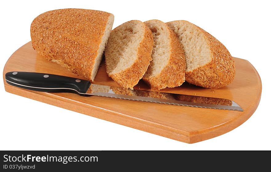 Brown bread isolated over white background with knife. Brown bread isolated over white background with knife.