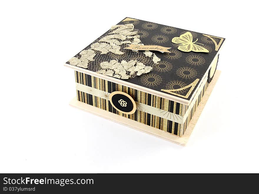 Handmade wooden gift box on white background