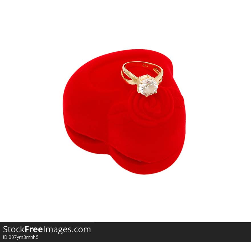 Silver ring with topaz in red box. Isolated on white background