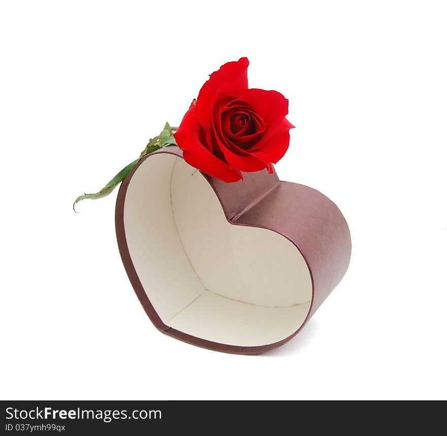 Present box and red rose as symbol for Valentine, birthday or other event present