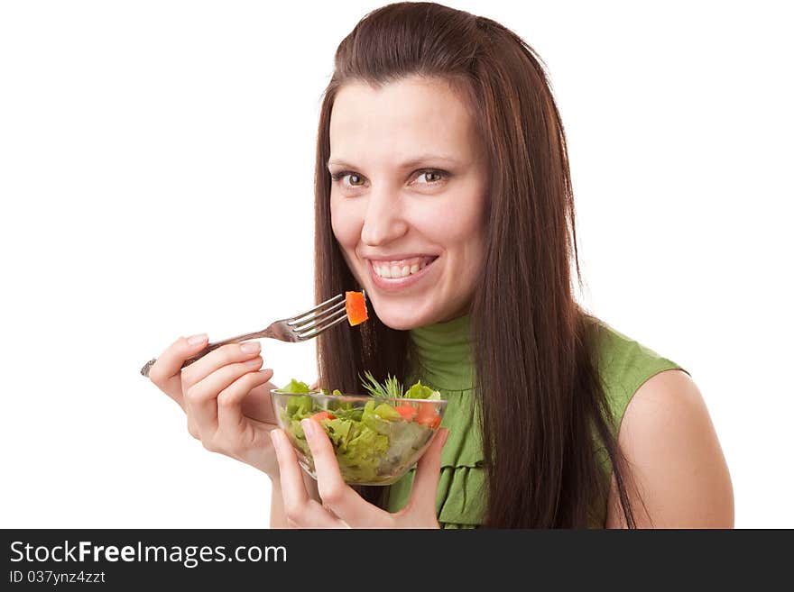 Woman against white background ready to eat salad. Woman against white background ready to eat salad
