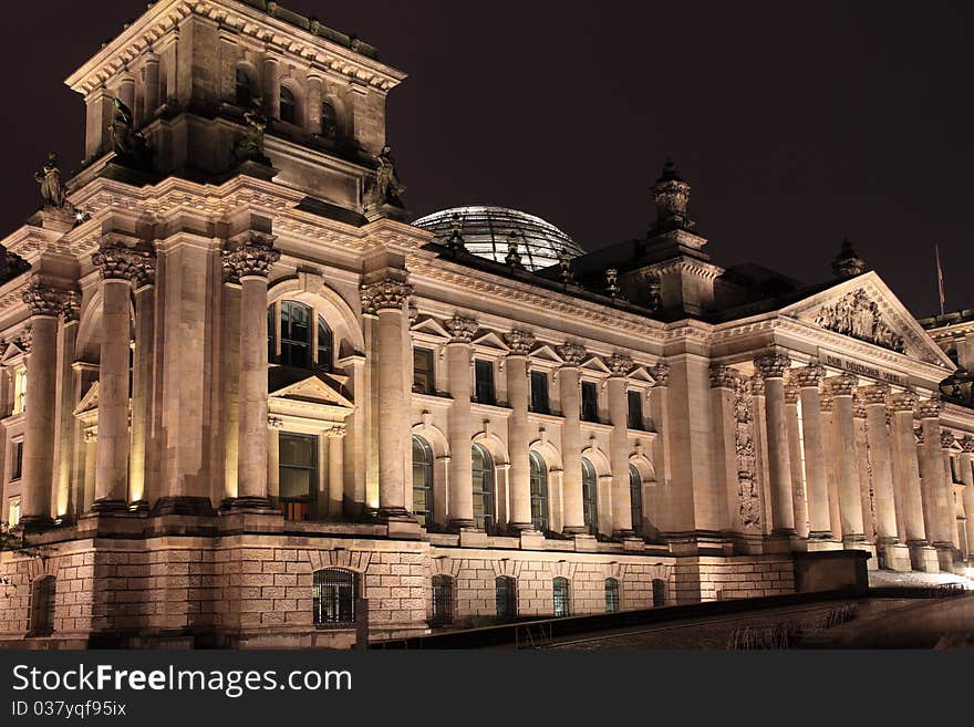 Reichstag building at night.