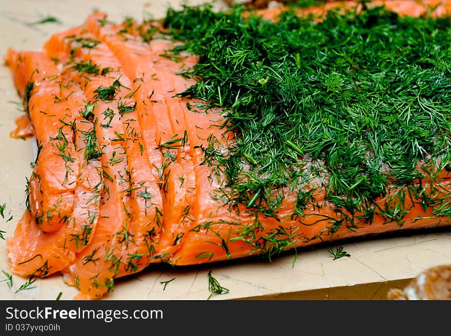 Fillets sprinkled with dill salmon. Fillets sprinkled with dill salmon